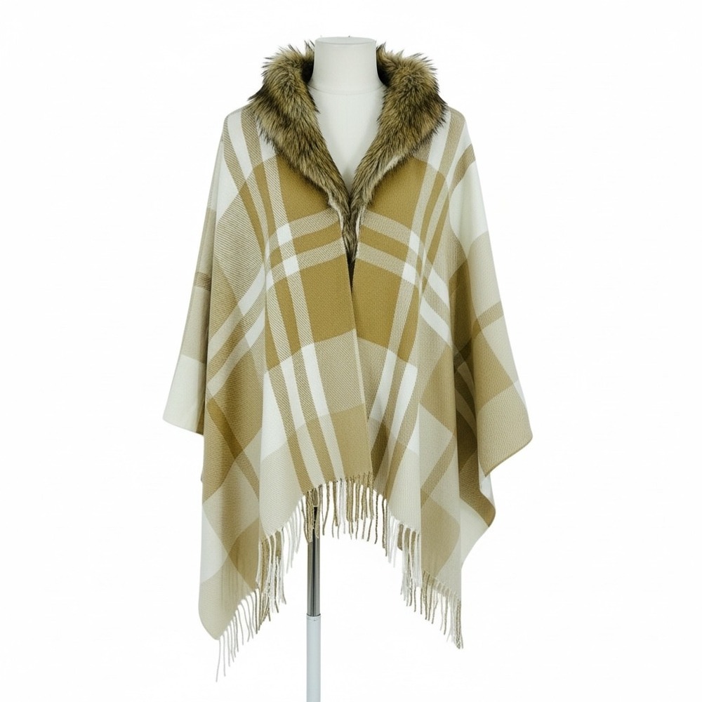 Mixit Tan Plaid Cape Wrap Faux Fur Trim Fringe Hem One Size Tan‎ White